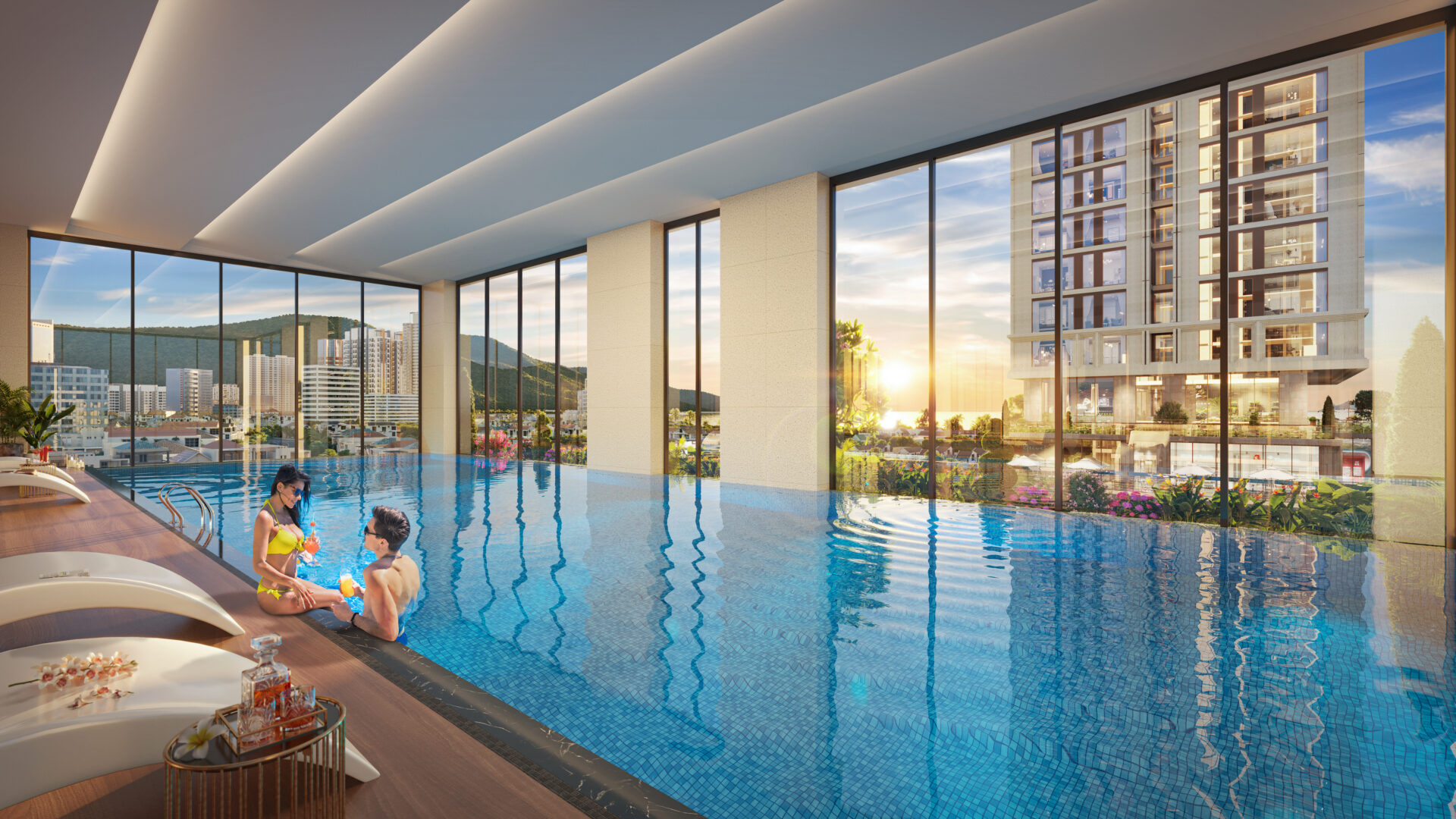 Bể bơi tràn bờ tại Sun Costa Residence vào buổi sáng – nơi thư giãn lý tưởng với ánh nắng dịu nhẹ và làn nước xanh trong