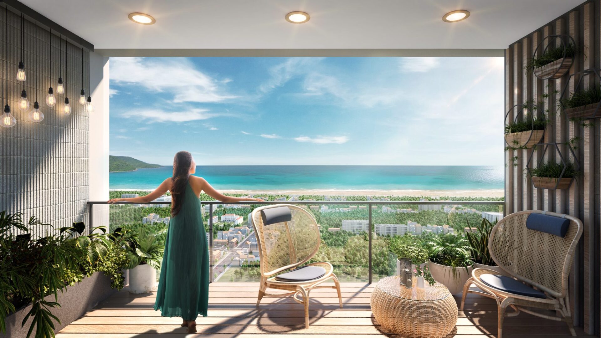 Kết hợp giữa biển xanh, rừng cây và khu dân cư, tạo cảm giác yên bình, thư thái