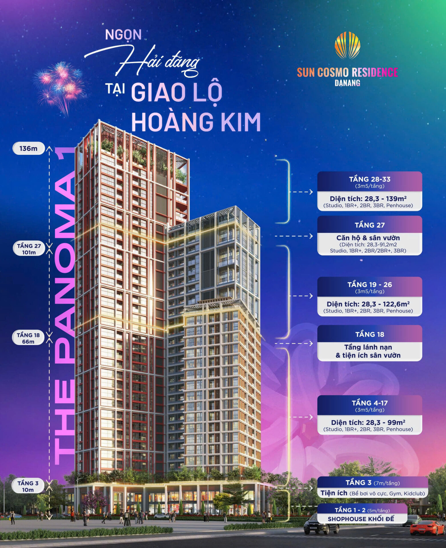 Ngọn hải đăng tại giao lộ hoàng kim”, cao 136m, với thiết kế tầng đa chức năng từ shophouse, tiện ích đến căn hộ hạng sang (Studio đến Penthouse). Điểm nhấn là tầng tiện ích đặc biệt, sân vườn và hồ bơi vô cực