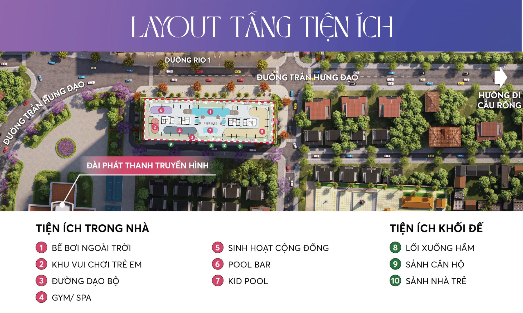 Mặt bằng tầng tiện ích khối đế: từ bể bơi ngoài trời, pool‑bar sôi động đến gym/spa, kid‑pool và không gian sinh hoạt cộng đồng, tất cả được bố trí thuận tiện, như một “thiên đường giải trí” ngay dưới căn hộ