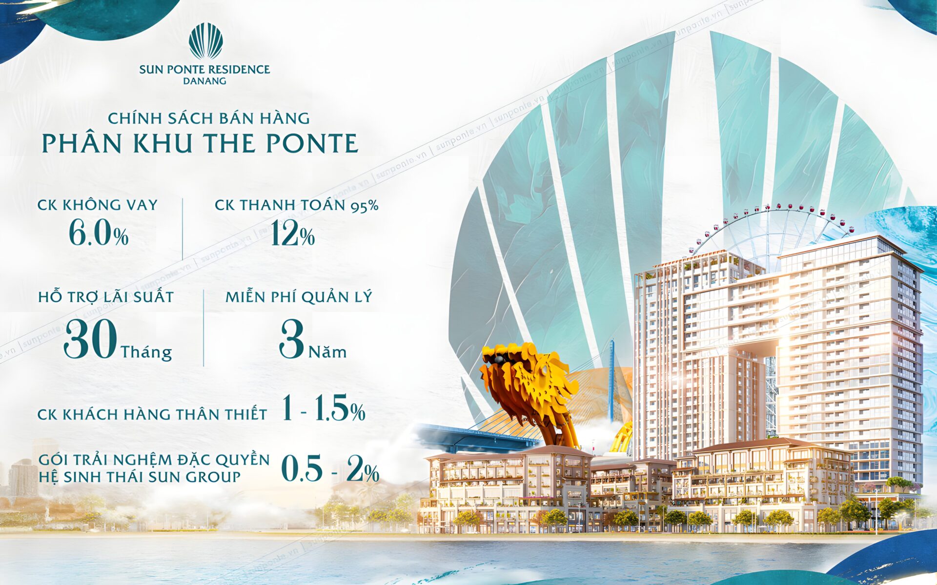Chính sách The Ponte: Chiết khấu 6%, hỗ trợ lãi suất 30 tháng, miễn phí quản lý 3 năm