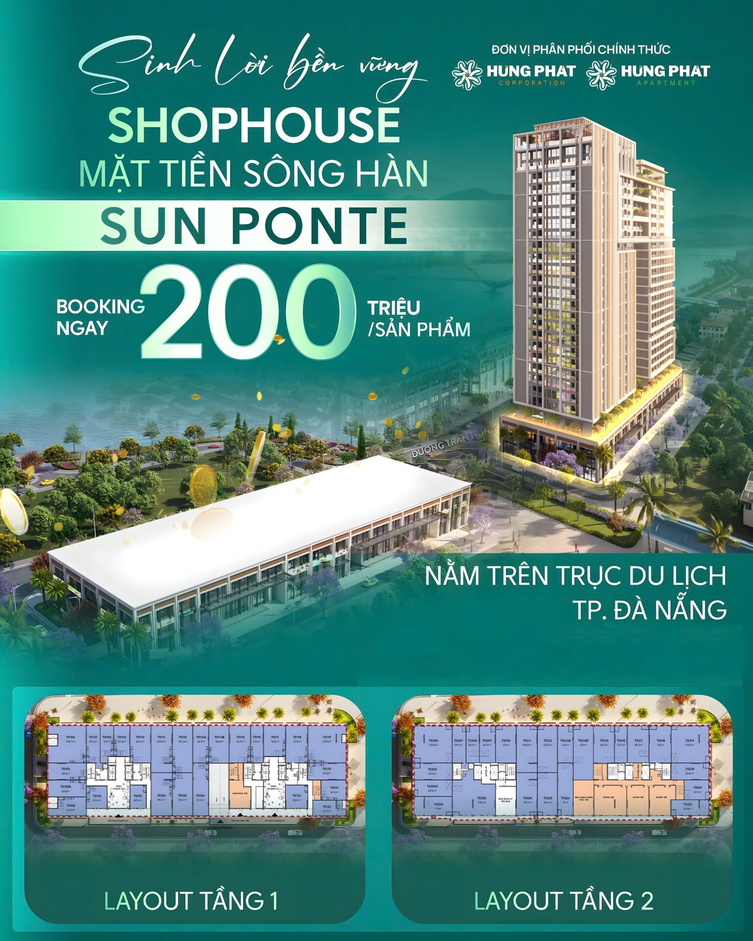 Shophouse Sun Ponte mặt tiền sông Hàn, booking chỉ 200 triệu, phân phối độc quyền bởi Hưng Phát Corp