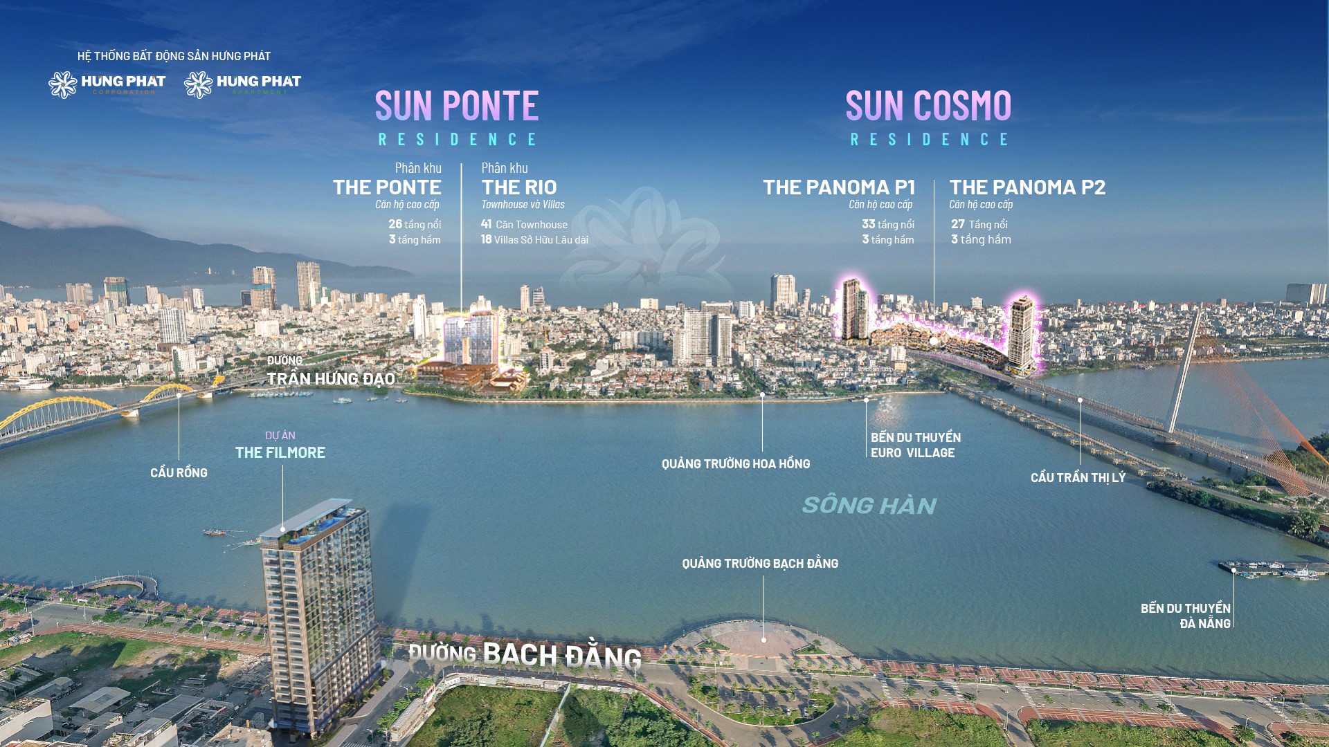 Bản đồ Shophouse liên kết Sun Ponte (The Ponte, The Rio) với Sun Cosmo Residence (P1, P2), sát sông Hàn